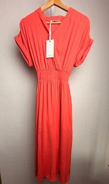 Grace Karin Coral Wrap Midi Dress Women’s Small NWT Short Sleeve Smocked Waist